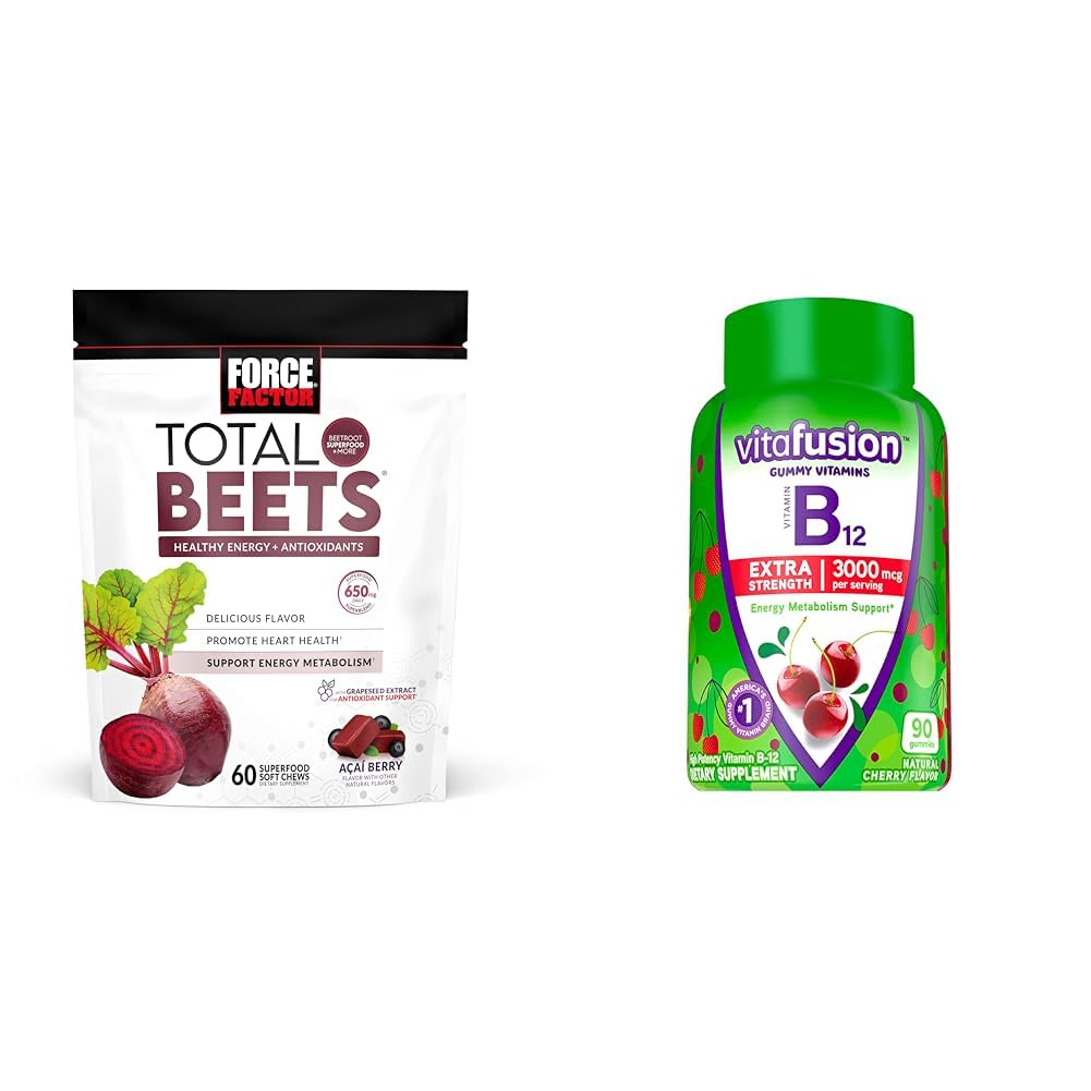 Force Factor Total Beets Chews with Beetroot & Grapeseed Extract Plus Vitafusion B12 Gummies, 60 Count