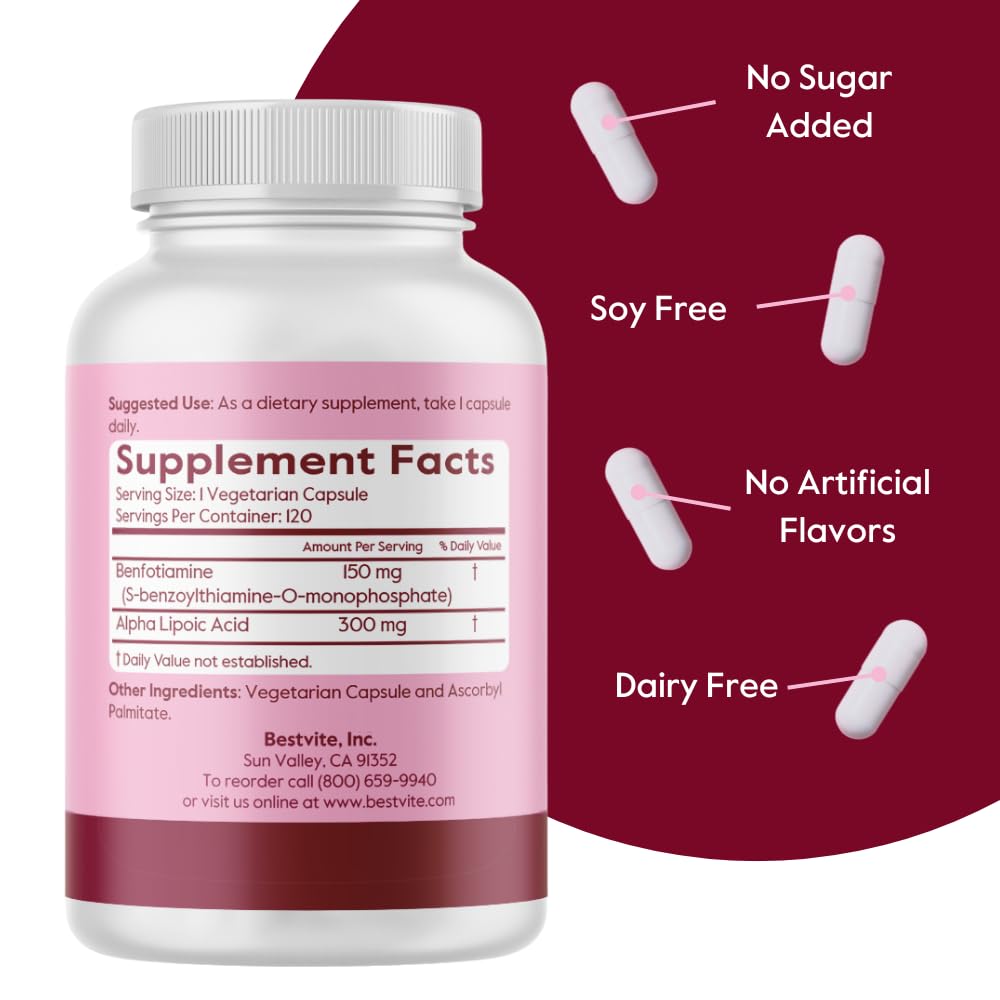 BESTVITE Benfotiamine 150mg / Alpha Lipoic Acid 300mg Capsules, 120 Count