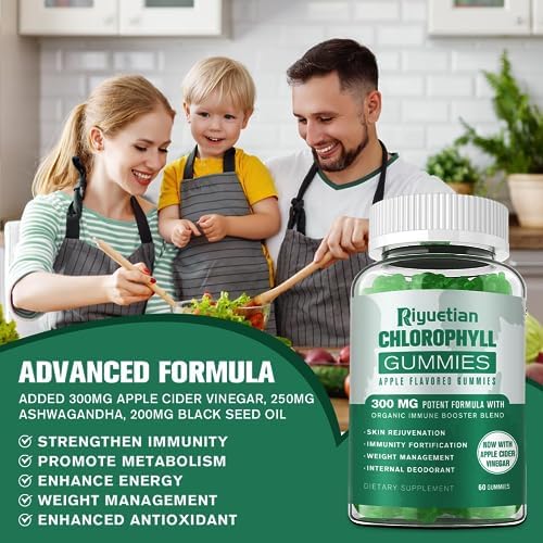 Riyuetian Sugar Free Chlorophyll Gummies with Unfiltered ACV, Sea Moss, Elderberry, Echinacea, Vitamin D3, C, E, B12, Vegan, 60 Gummies