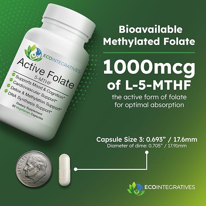 EcoIntegratives Active Folate Methylfolate 5-MTHF – Methylated Folate 1000 mcg (1700mcg DFE) 60 Capsules