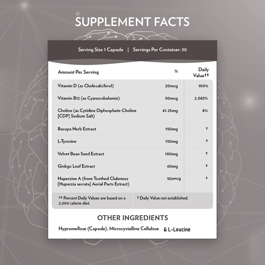 TERRA ORIGIN Healthy Mind and Memory Support Supplement Cognitive Memory Matrix Nootropic CDP, Bacopa, L-Tyrosine, Huperzine A, Ginkgo, B12 Capsule 30 Count