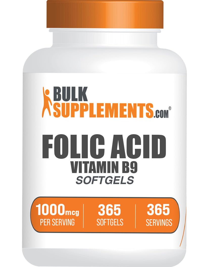 BulkSupplements Folic Acid Softgels 1000 mcg (Vitamin B9), Folate Supplement, Gluten Free, 365 Softgels