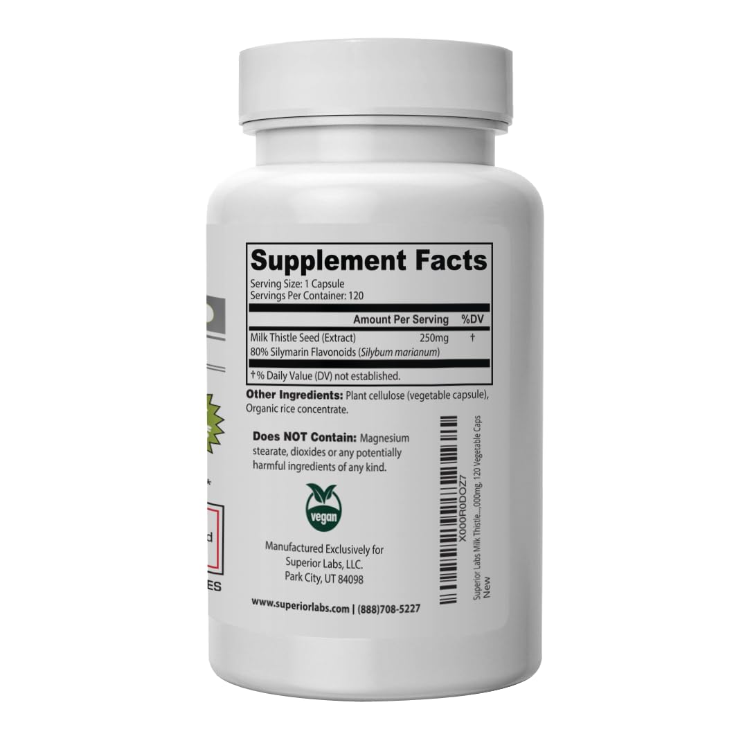 Superior Labs Milk Thistle Non-GMO 80% Silymarin 250mg 4:1 Extract Capsules 120 Count