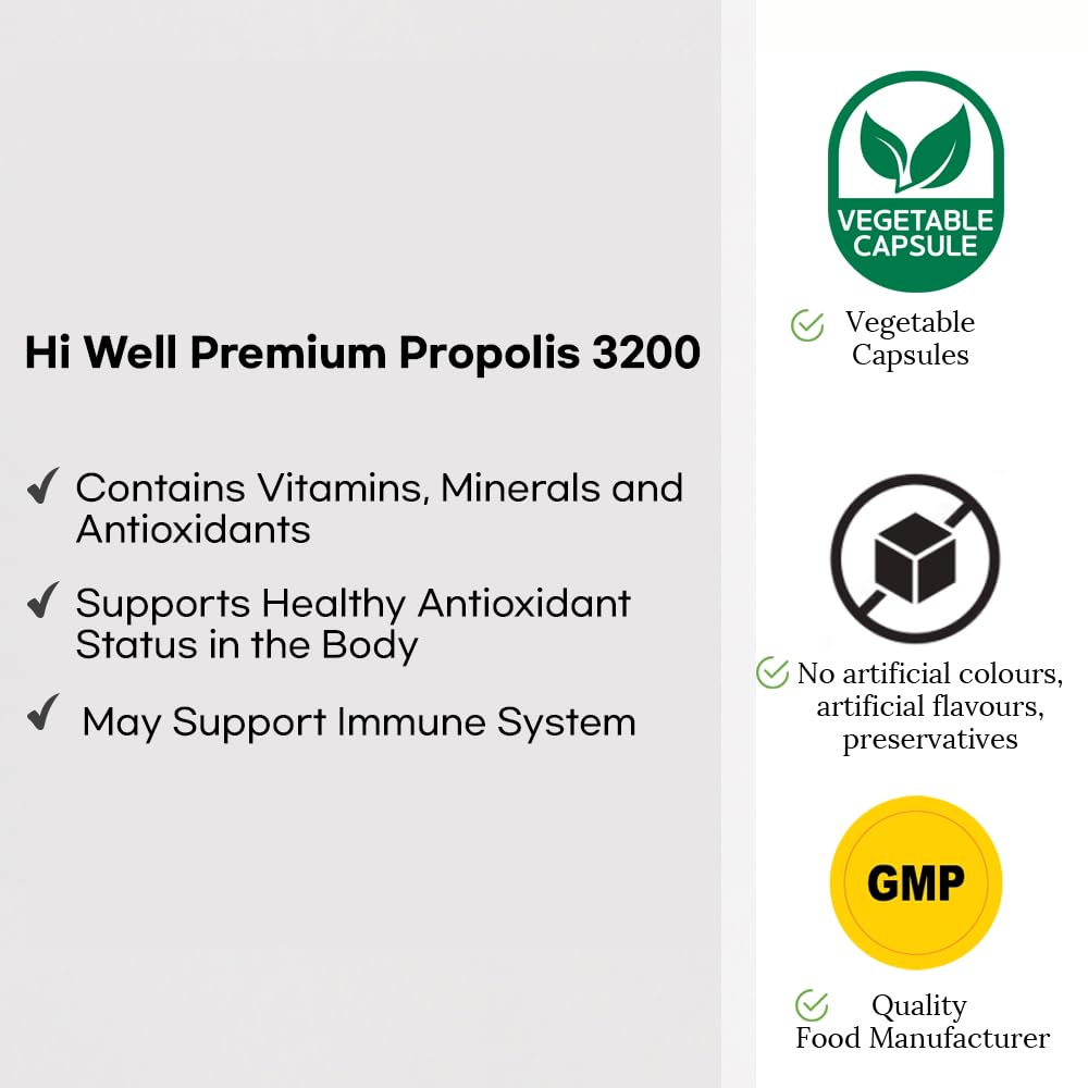 Hi Well Pure & Natural New Zealand Premium Propolis 3200 Flavonoid 96mg 250 VegeCapsules