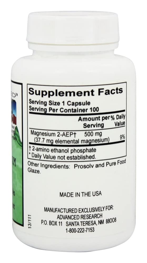 Advanced Nutritional Research 2-AEP Magnesium 500 mg Vegetable Capsules, 100 Count