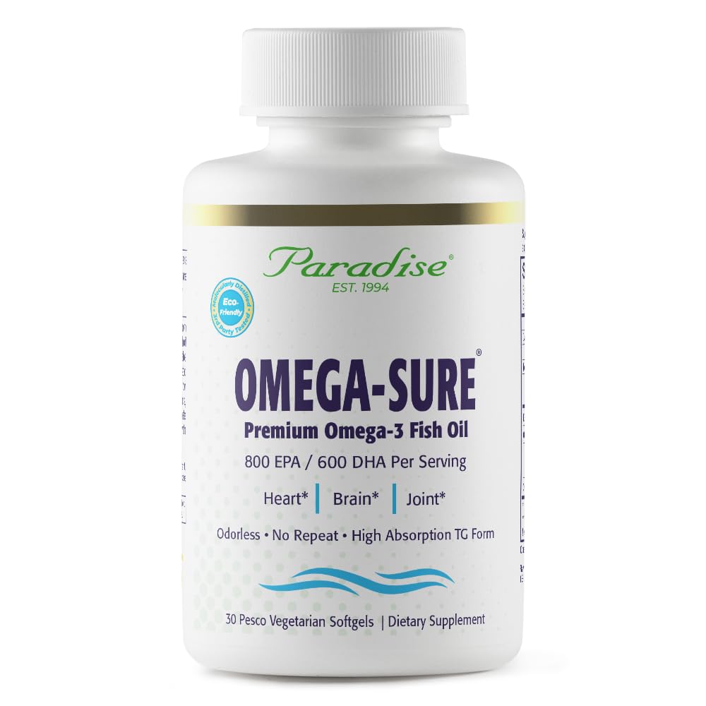 Paradise Herbs Omega-Sure Omega-3 Concentrate Premium Fish Oil DHA EPA Vegetarian Softgels 30 Count