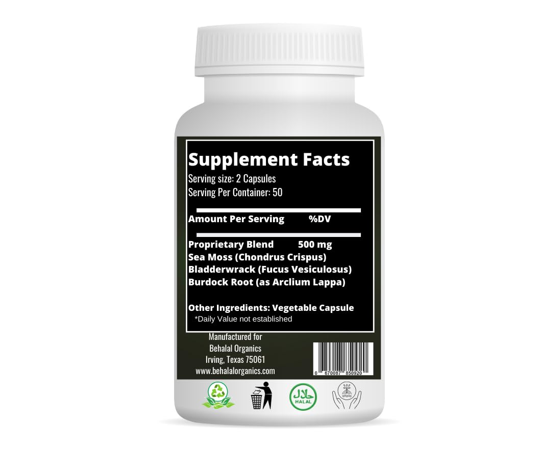 Behalal Organics Sea Moss, Bladderwrack and Burdock Root Capsules 100 Count