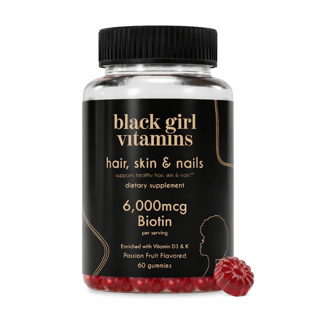 Black Girl Vitamins Hair, Skin, and Nails Gummies with Biotin (6000 mcg), Zinc, Vitamin A, and Vitamin E, Gluten-Free, Passion Fruit, 60 Count