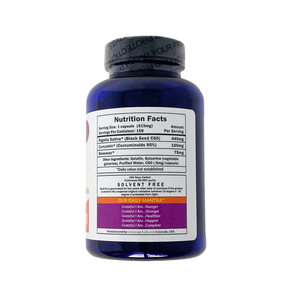 C60live C60 Complete - Carbon 60 (Fullerene) with Black Seed Oil & Curcumin Gel Capsules, 150 Count