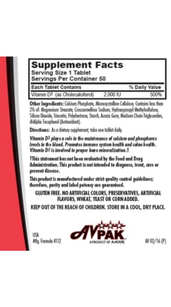 Avpak Vitamin D3 (Cholecalciferol) 2000IU Tablets 50