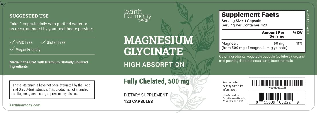 Earth Harmony Naturals Magnesium Glycinate 500 mg & Beet Root Powder Capsules, 120 Capsules Each, 2-Pack