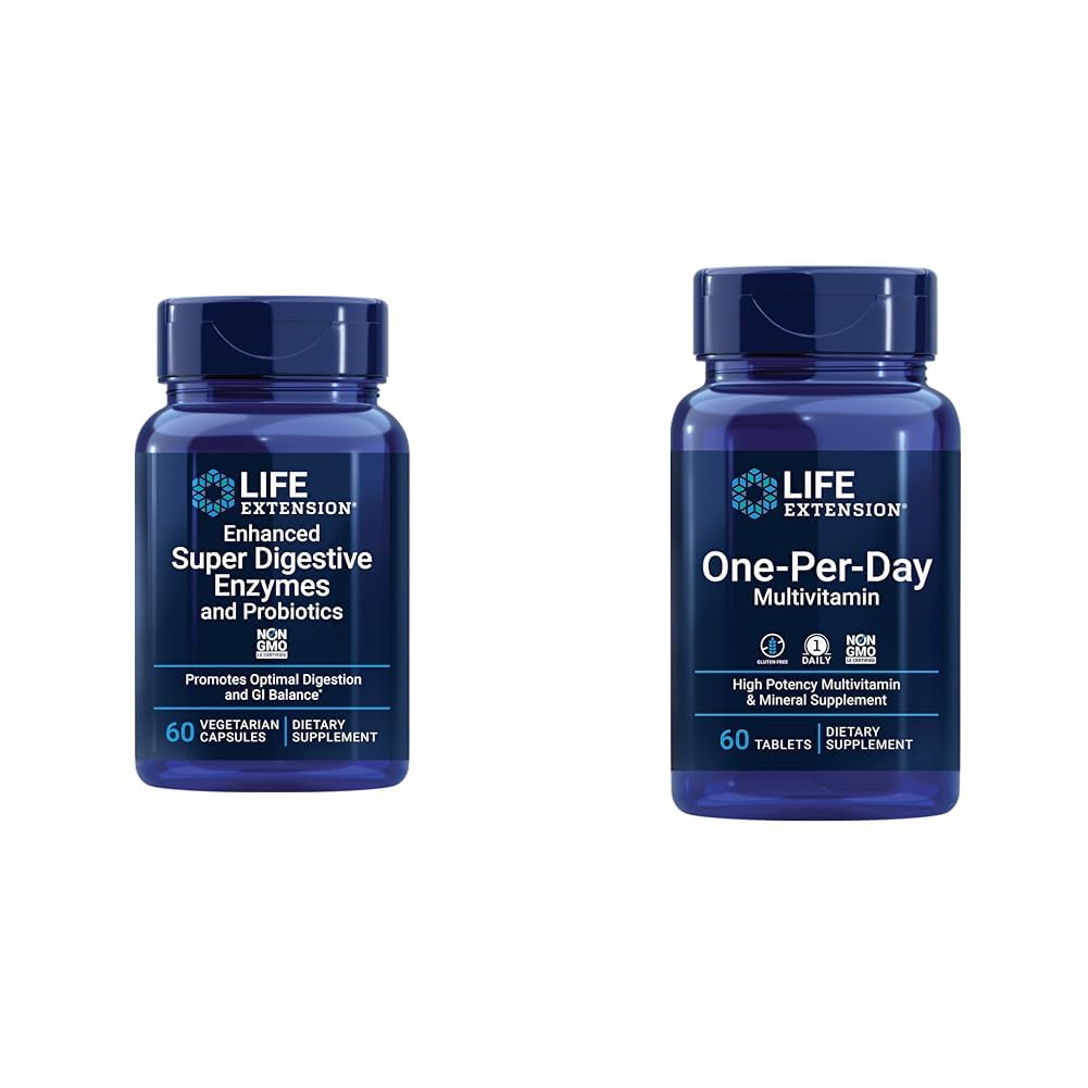 Life Extension Enhanced Super Digestive Enzymes & Probiotics 60 Vegetarian Capsules and One-Per-Day Multivitamin 60 Tablets (120 Total)
