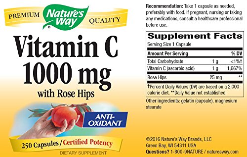 Nature's Way Vitamin C 1000 with Rose Hips Capsules, 250 Count