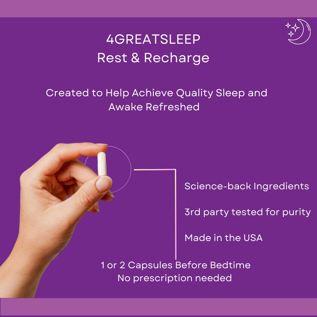 4GREATSLEEP Rest & Recharge Natural Sleep Aid with Melatonin, GABA, Ashwagandha & L-Tryptophan, 60 Capsules
