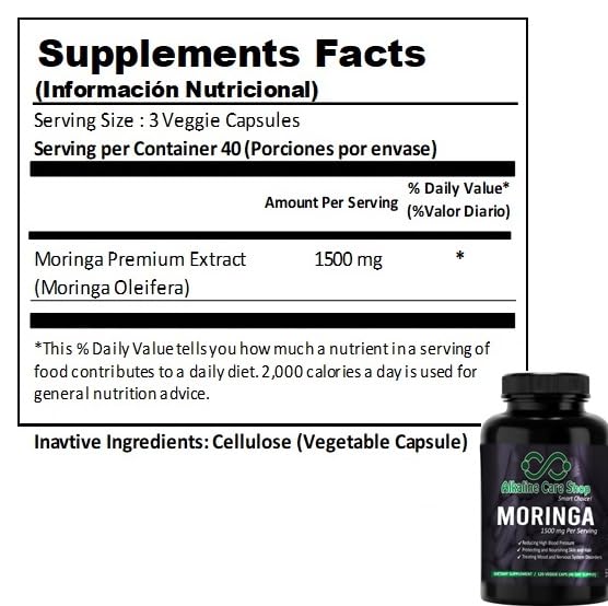 Alkaline Care Shop Moringa Premium Extract 1500mg Vitamin C High Absorption, 100% Natural, Whole Food, Non-GMO Supplement Capsule 1