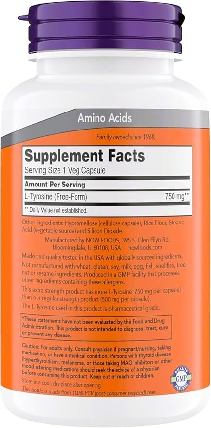 NOW Foods L-Tyrosine 750 mg Capsules, 540 Veg Capsules