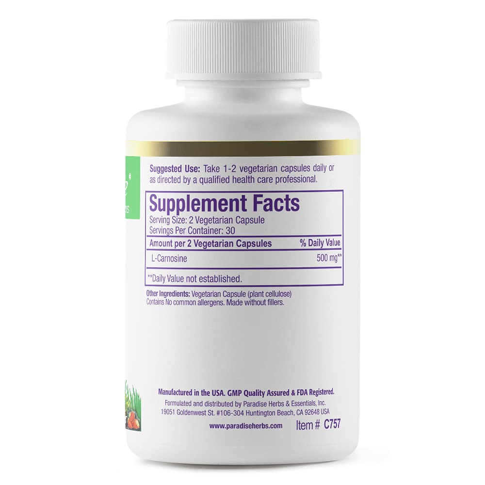 Paradise Herbs L-Carnosine, Super Potent, Ultra Pure, Antioxidant, Vegan, Non GMO, Gluten Free, 60 Capsules