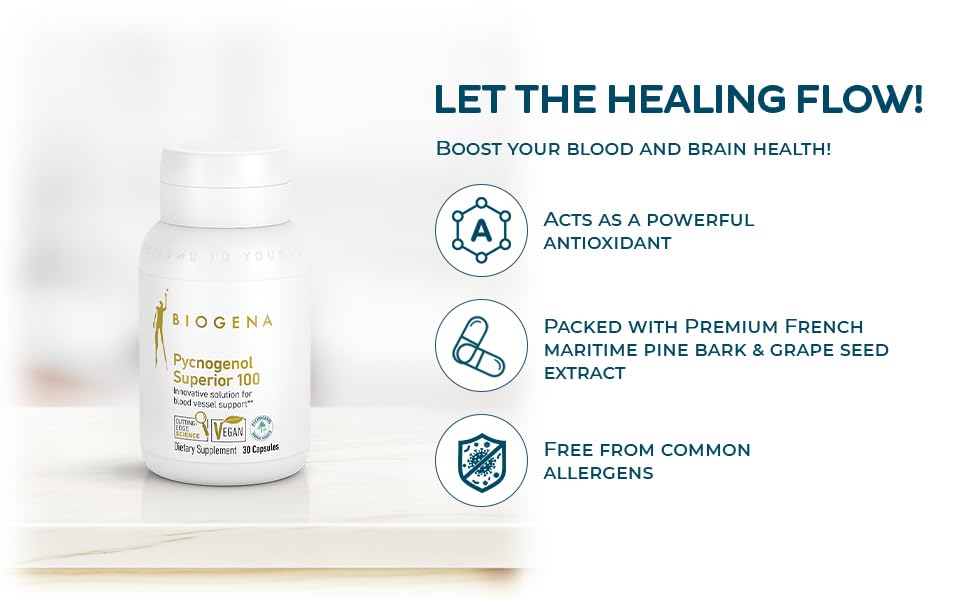 BIOGENA Pycnogenol 100 mg Gold with Premium Patented French Maritime Pine Bark Extract (Pinus Pinaster) Capsules, 30 Count