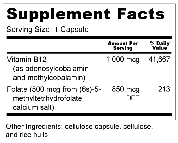 Wellness Resources B12 and Folate Supplement - Methyl B12 1000 & Methylated Folate for High Absorption Capsules 60 Count