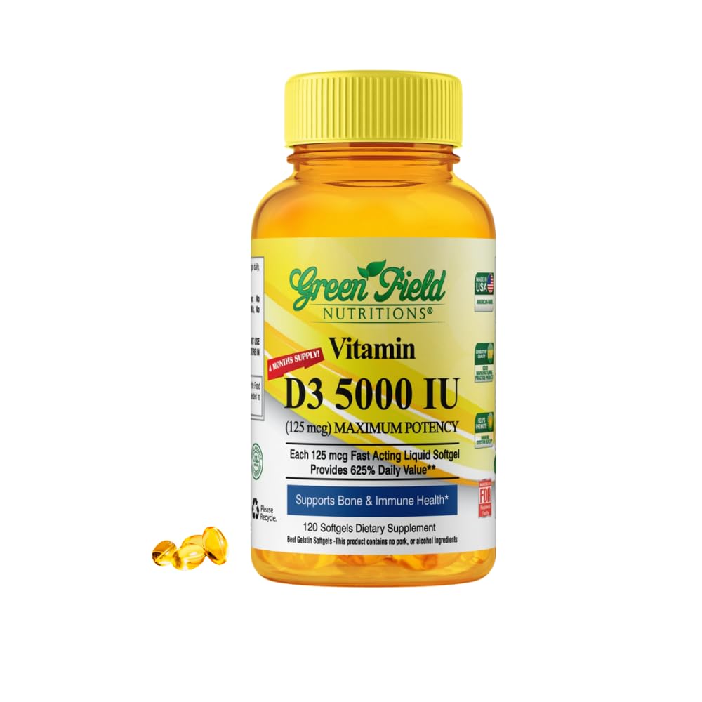 GREEN FIELD NUTRITIONS Halal Vitamin D3 5000 IU Softgels, 120 Softgels