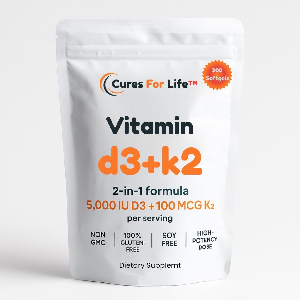 Cures For Life Vitamin D3 5000 IU with K2 MK-7 100 mcg Softgels, 300 Count