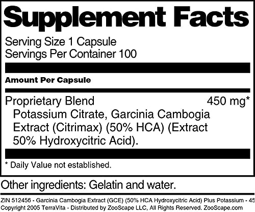Terravita Garcinia Cambogia Extract (GCE) (50% HCA Hydroxycitric Acid) Plus Potassium - 450 mg, 100 Capsules