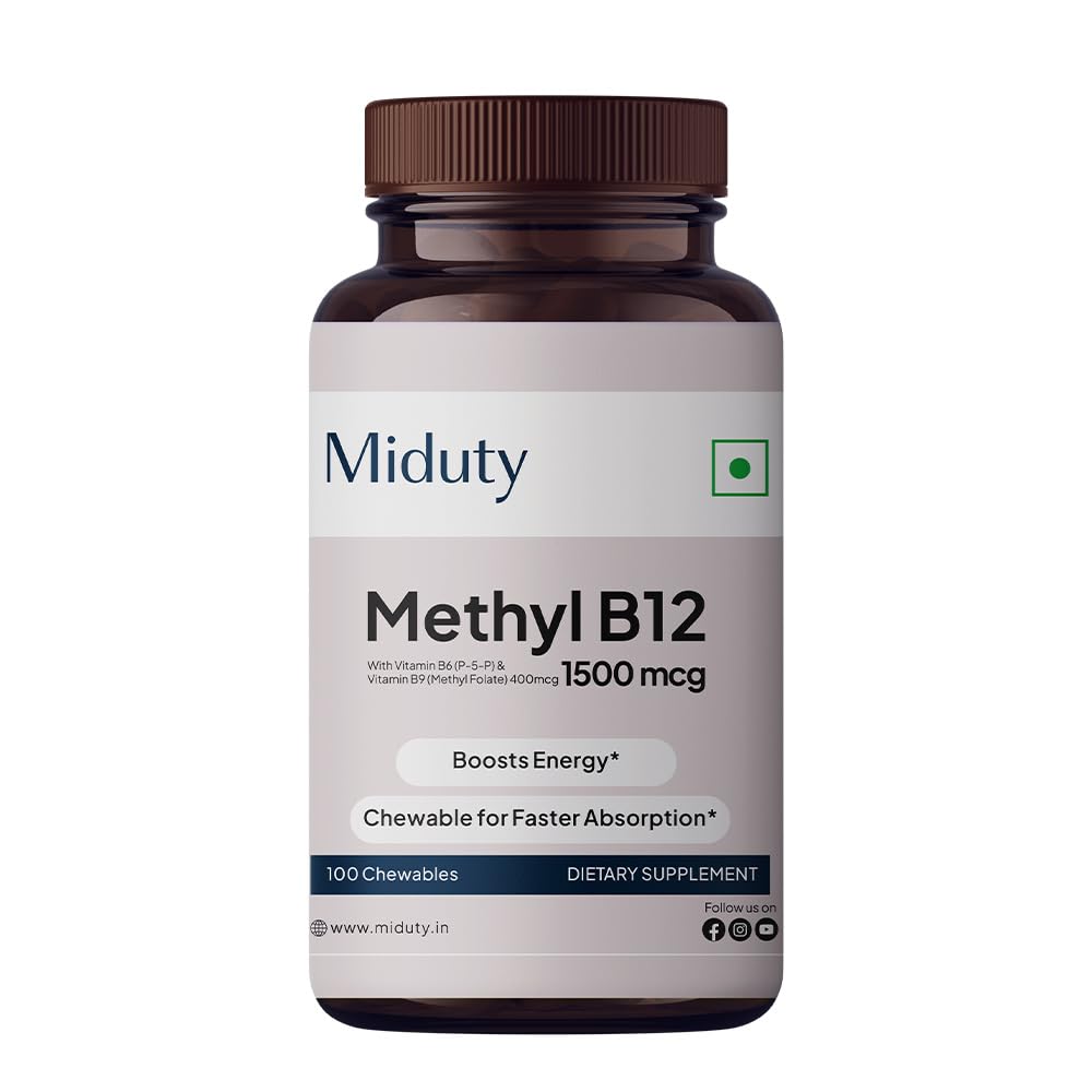 Miduty Methyl Vitamin B12 with Methylcobalamin, Folate, Vitamin B6 Chewable Tablets, 100 Count