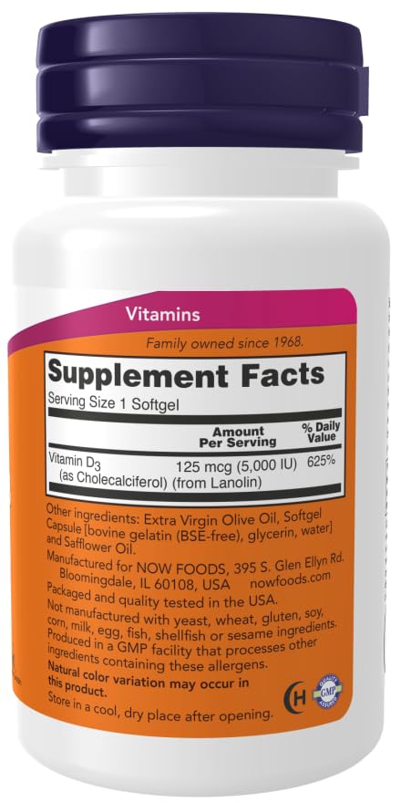 NOW Foods Vitamin D3 (Cholecalciferol) 5,000 IU Softgels, 360 Count