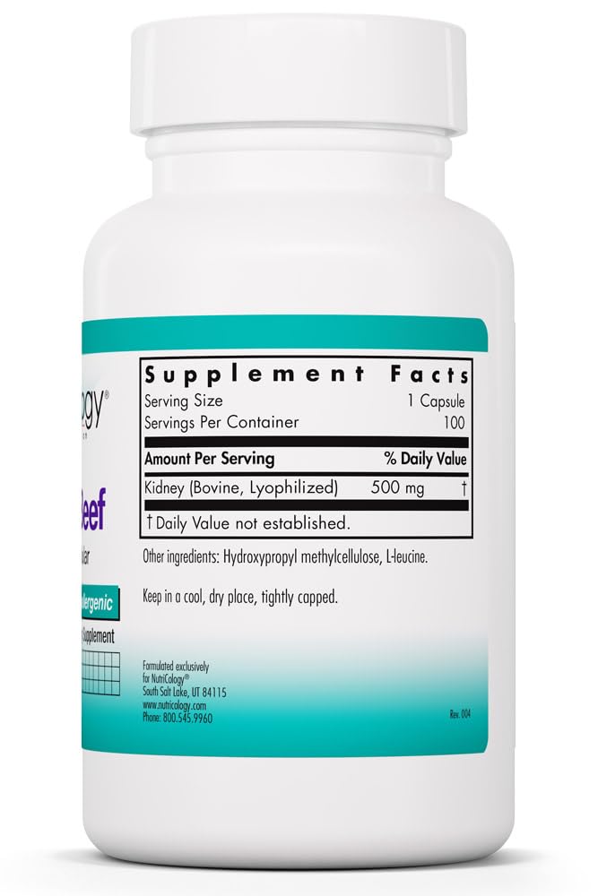Allergy Research Group NutriCology Kidney Beef 500 mg Bovine Kidney Glandular Supplement Capsules, 100 Count