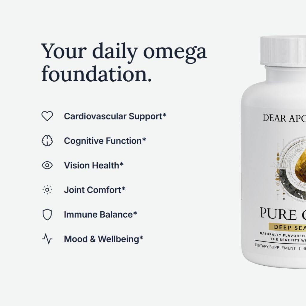 Dear Apothecary Pure Omega Fish Oil 1200mg - 720mg Omega-3 with EPA 432mg & DHA 288mg - Molecularly Distilled, No Fishy Aftertaste - Heart, Brain, Joint & Vision Support - 60 Softgels
