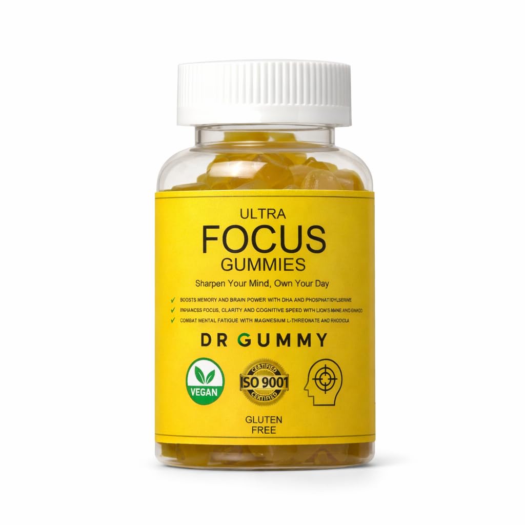 DR GUMMY Ultra Focus Gummies for Adults – Focus & Concentration Support with DHA (Algae) + Phosphatidylserine, Lion’s Mane, Bacopa, Ginkgo & Magnesium L-Threonate – Lemon, 60 Gummies