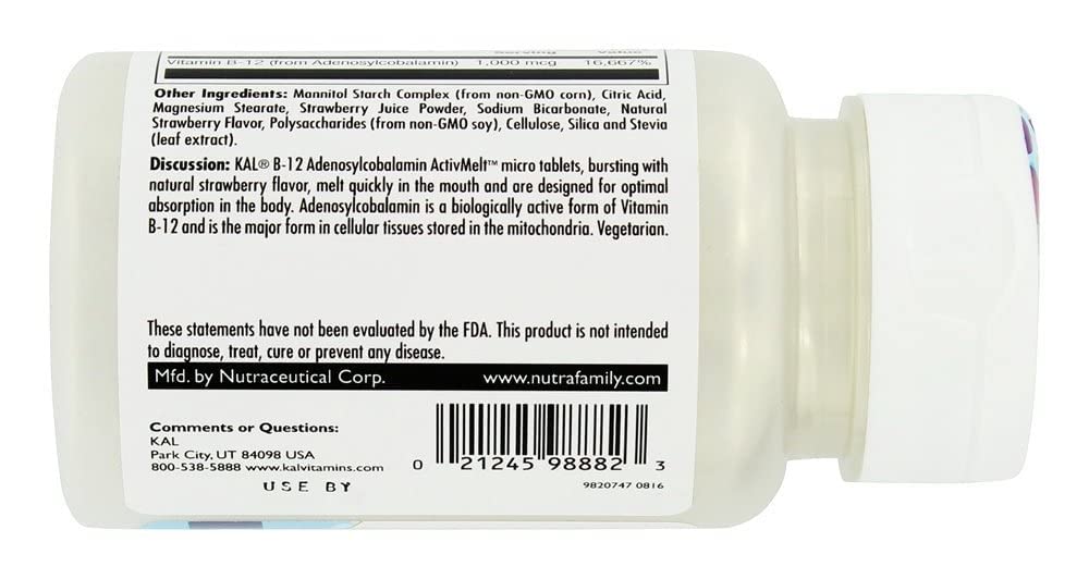 KAL B-12 Adenosylcobalamin Tablets, 1,000 mcg, Strawberry, 90 Tablets