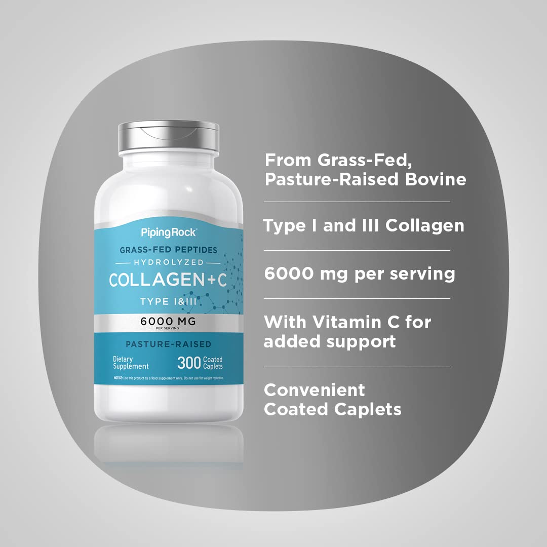 Piping Rock Collagen Peptides Plus Vitamin C Caplets 6000mg, 300 Count
