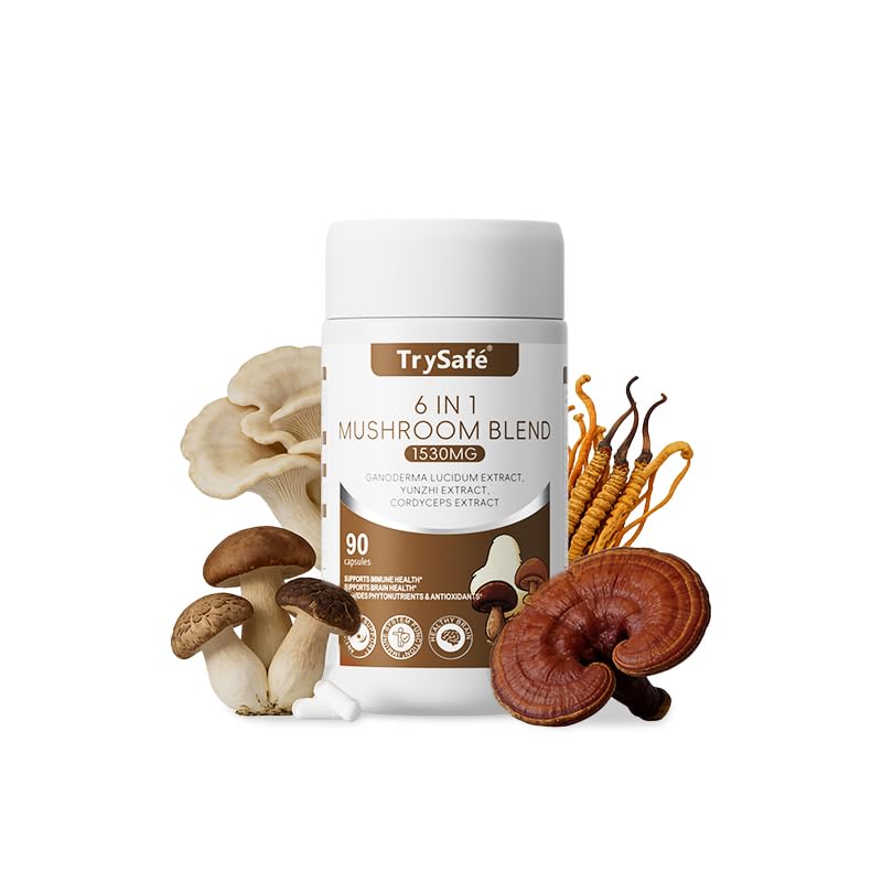 TrySafe 6-in-1 Organic Mushroom Complex Blend 1530mg with Lion's Mane, Turkey Tail, Reishi, Cordyceps, Chaga, Shiitake Capsules, 90 Count
