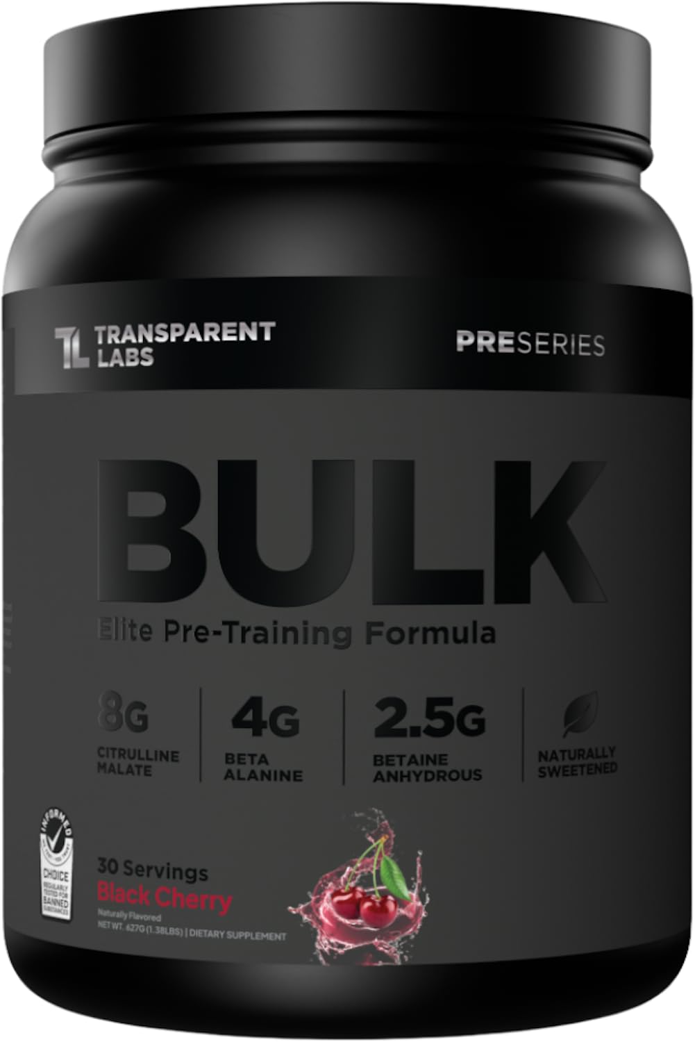 Transparent Labs Bulk Black Pre Workout Powder, Black Cherry, 30 Servings