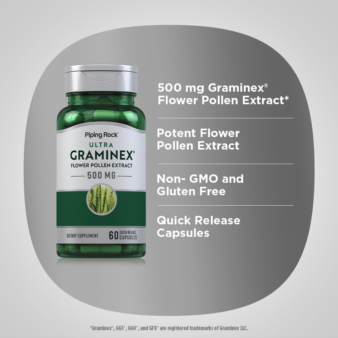 Piping Rock Graminex Flower Pollen Extract 500mg Capsules, 60 Count