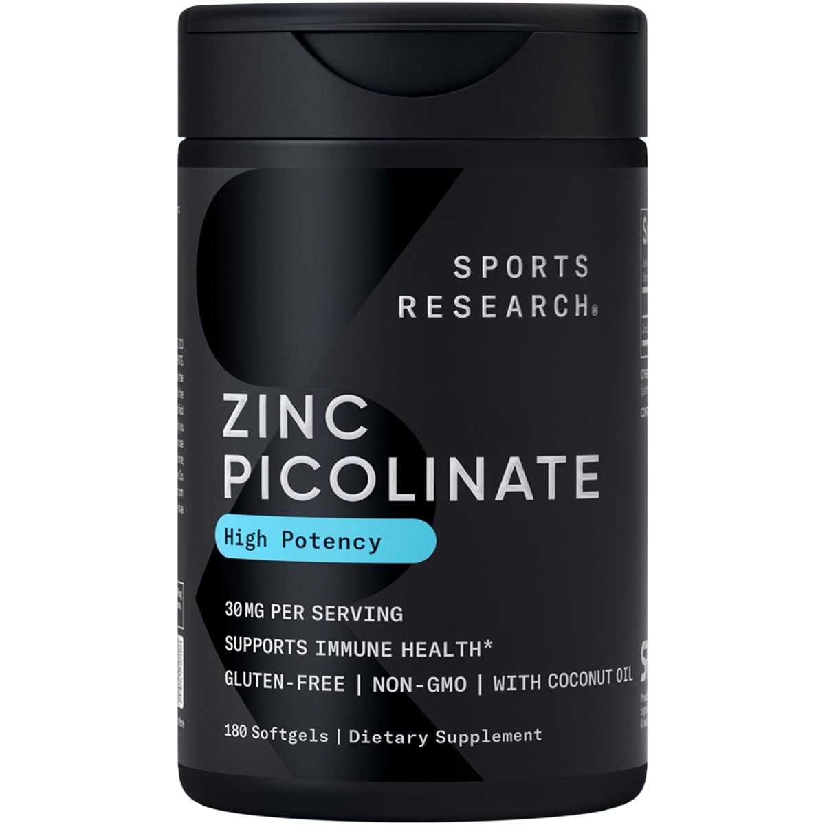 Sports Research High Potency Zinc Picolinate 30mg with Organic Coconut Oil Softgels, 180 Count