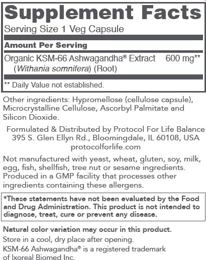 Protocol for Life Balance KSM-66 Ashwagandha Root Extract 600 mg Capsule 90 Count