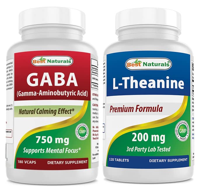 Best Naturals GABA Supplement 750mg & L-Theanine 200mg Capsules & Tablets, 120 Count