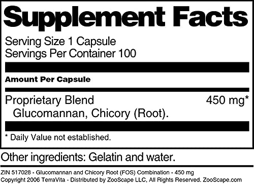 Terravita Glucomannan and Chicory Root (FOS) Combination 450 mg Capsule, 100 Count