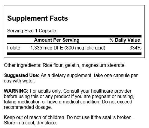 Swanson Folic Acid 800 mcg, 250 Capsules