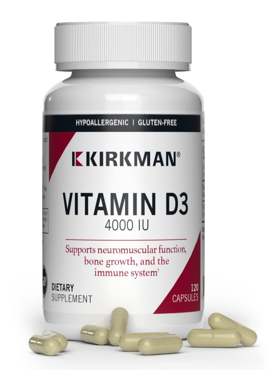 Kirkman Vitamin D-3 4000 IU Hypoallergenic, Gluten Free, Casein Free, Plant-Based Vegetarian Capsules, 120 Count