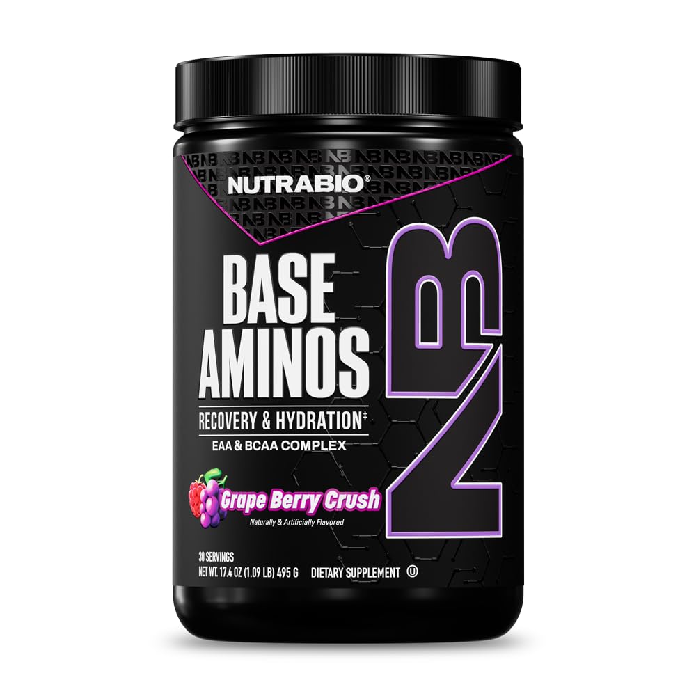 NutraBio Base Aminos EAA + BCAA Powder – 10g Essential Amino Acids Supplement, 6g 2:1:1 BCAAs, 2.8g Hydration Matrix with Electrolytes & Absorption Enhancer AstraGin®, Grape Berry Crush, 17.4