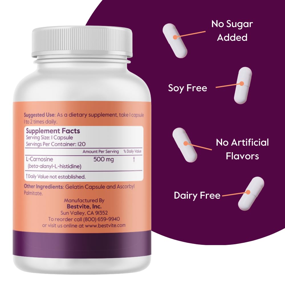 BESTVITE L-Carnosine 500mg Capsules, 240 Capsules