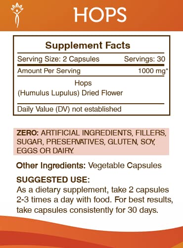 Secrets of the Tribe Hops (Humulus Lupulus) Dried Flower 1000 mg Capsules, 60 Count