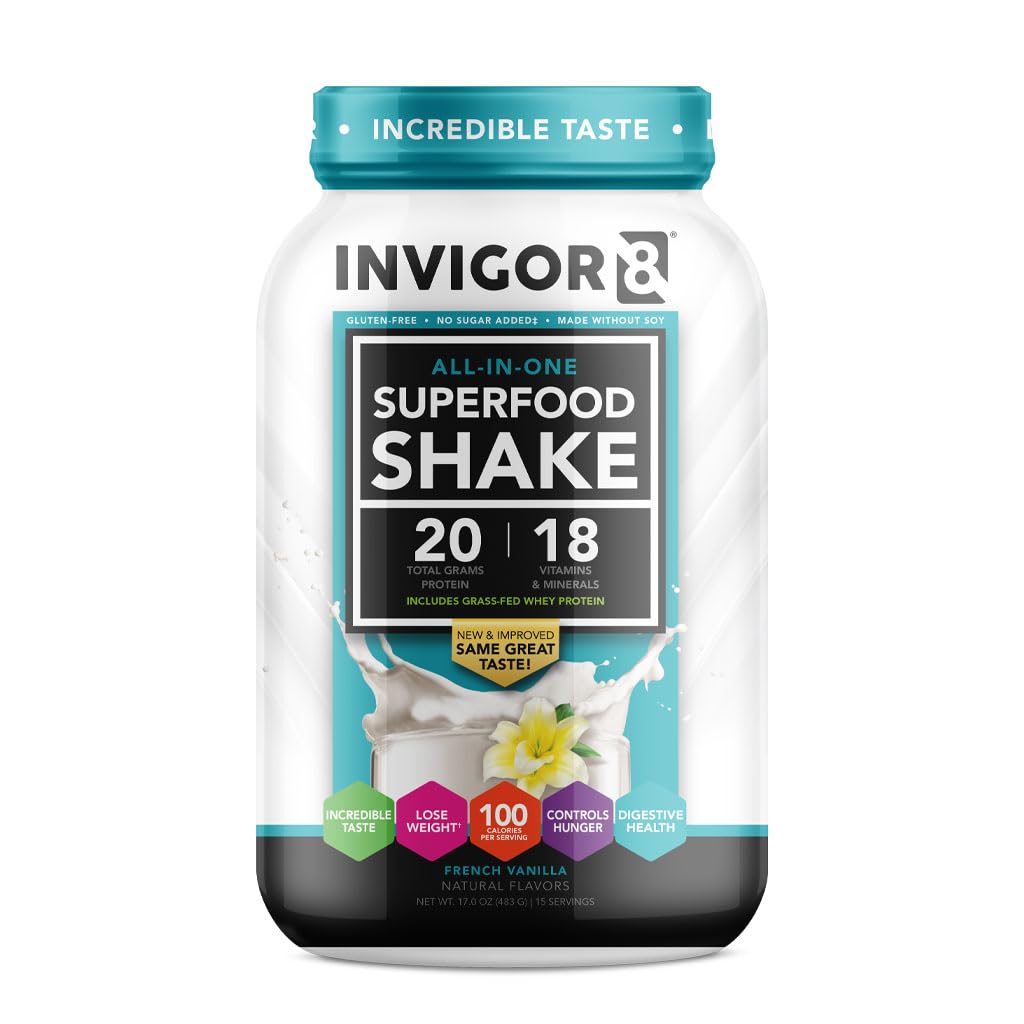 INVIGOR8 Superfood Grass Fed Whey Protein Isolate Shake French Vanilla Powder 22.6 Ounce