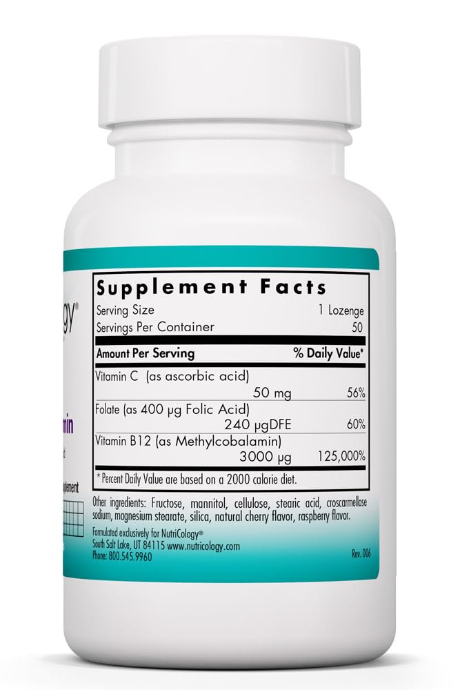 Allergy Research Group Nutricology B12 Methylcobalamin Supplement - Vitamin B12 and Folate, with 400mcg Folic Acid, Pure, Vegetarian Lozenges Capsule, 50 Capsules