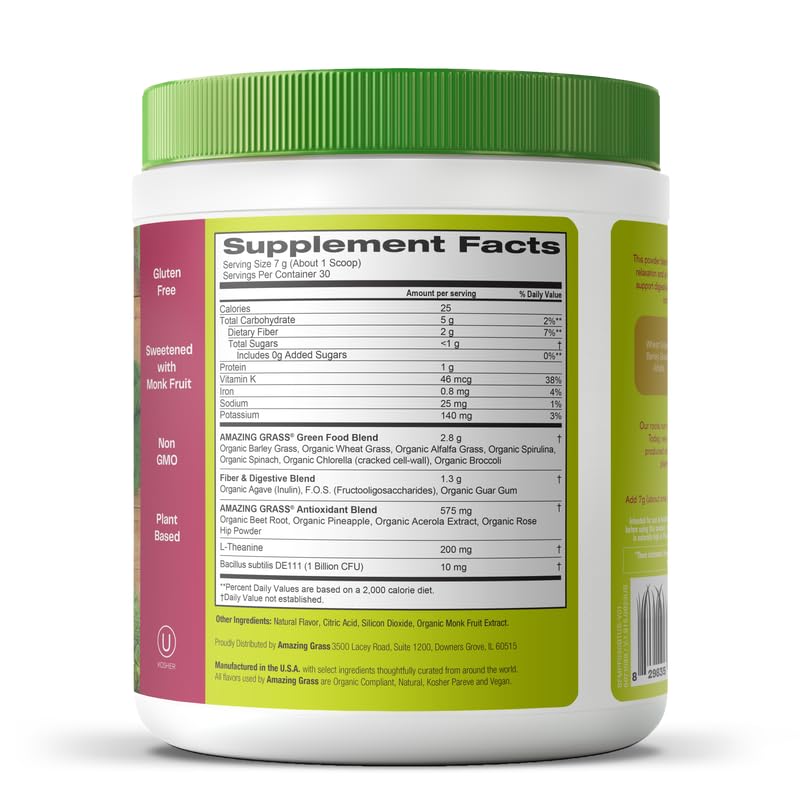 Amazing Grass Greens Blend Mood, Super Greens Powder Smoothie Mix for Stress Support, L-Theanine, Relaxation, Spirluna, Probiotics, Passionfruit Citrus, 7.4 Ounce Powder