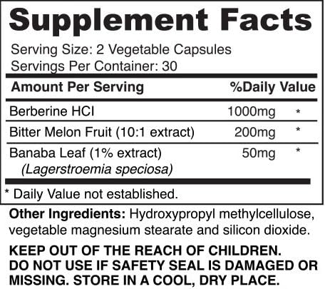 Herbal Nutrition Berberine Complex 1250mg of Berberine HCL, Banaba Leaf and Bitter Melon Extract Capsule, 120 Count