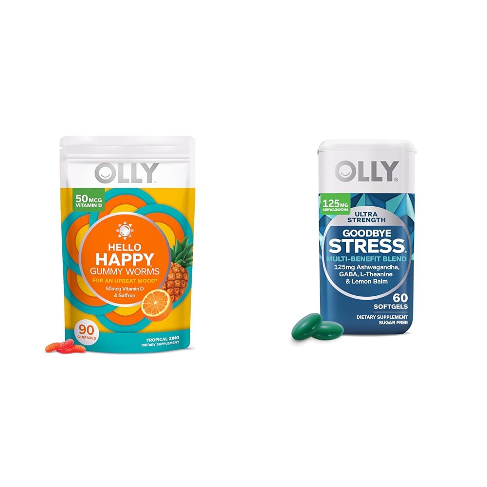 OLLY Hello Happy Gummy Worms & Goodbye Stress Softgels 90 Count